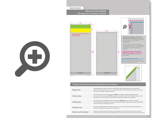 Product Bild block_mit_leimbindung_und_deckblatt__din_lang__200_blatt__5_0_farbig_einseitig_bedruckt_(cmyk_4-farbig_+_1_sonderfarbe_hks_oder_pantone)
